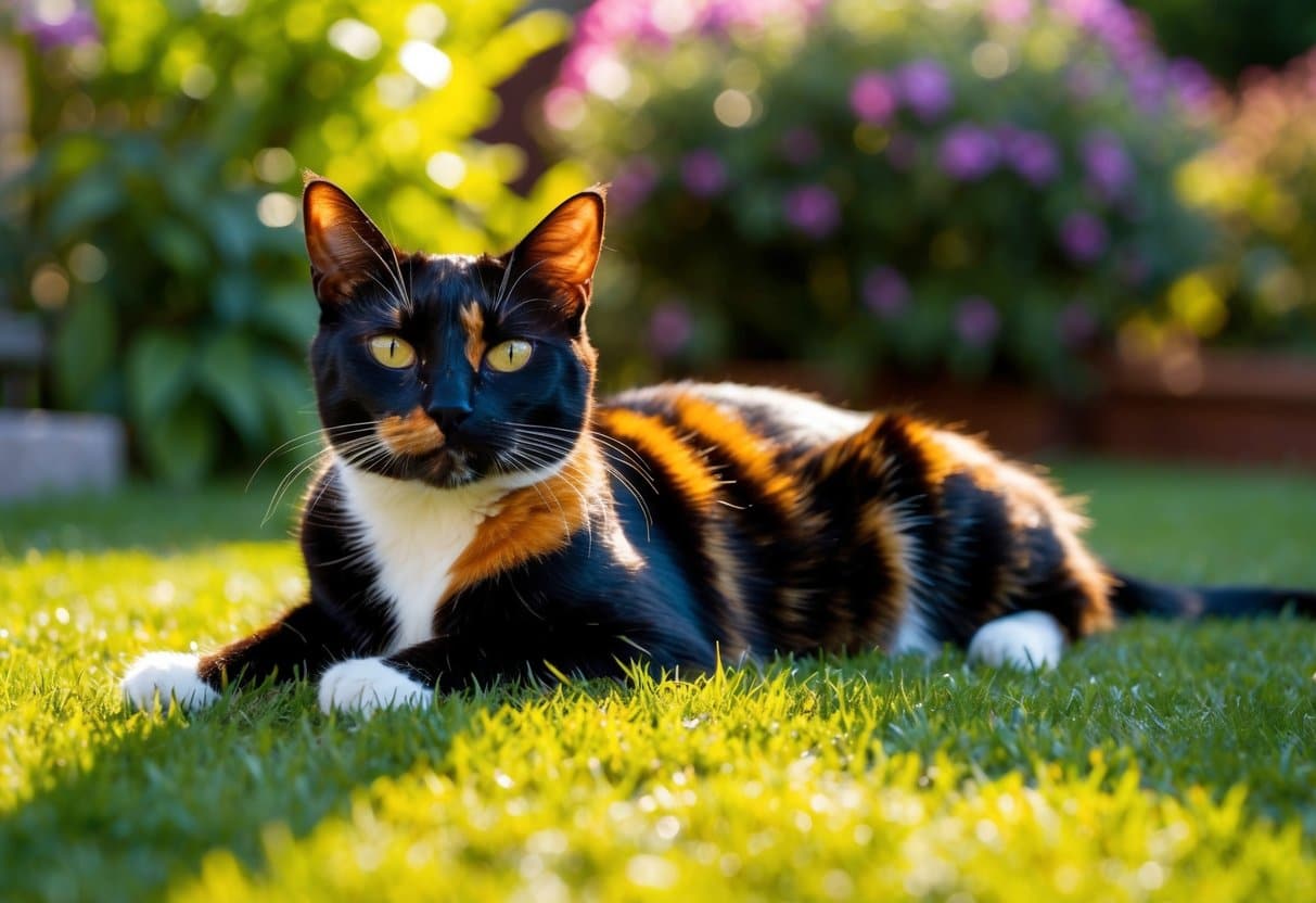 A tortoiseshell cat lounges in a sunlit garden, its unique coat of black, orange, and cream glowing in the warm light
