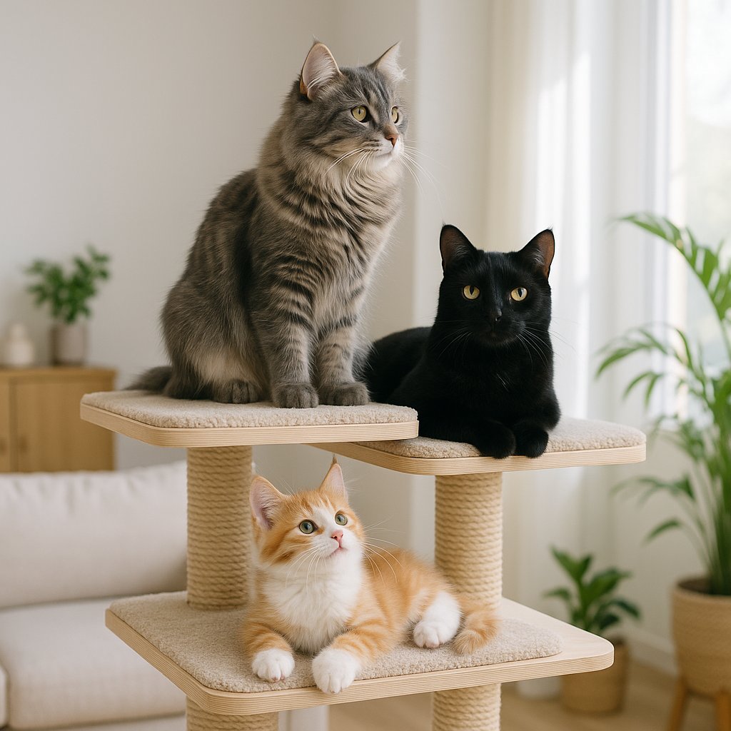Three cats on a cat tree