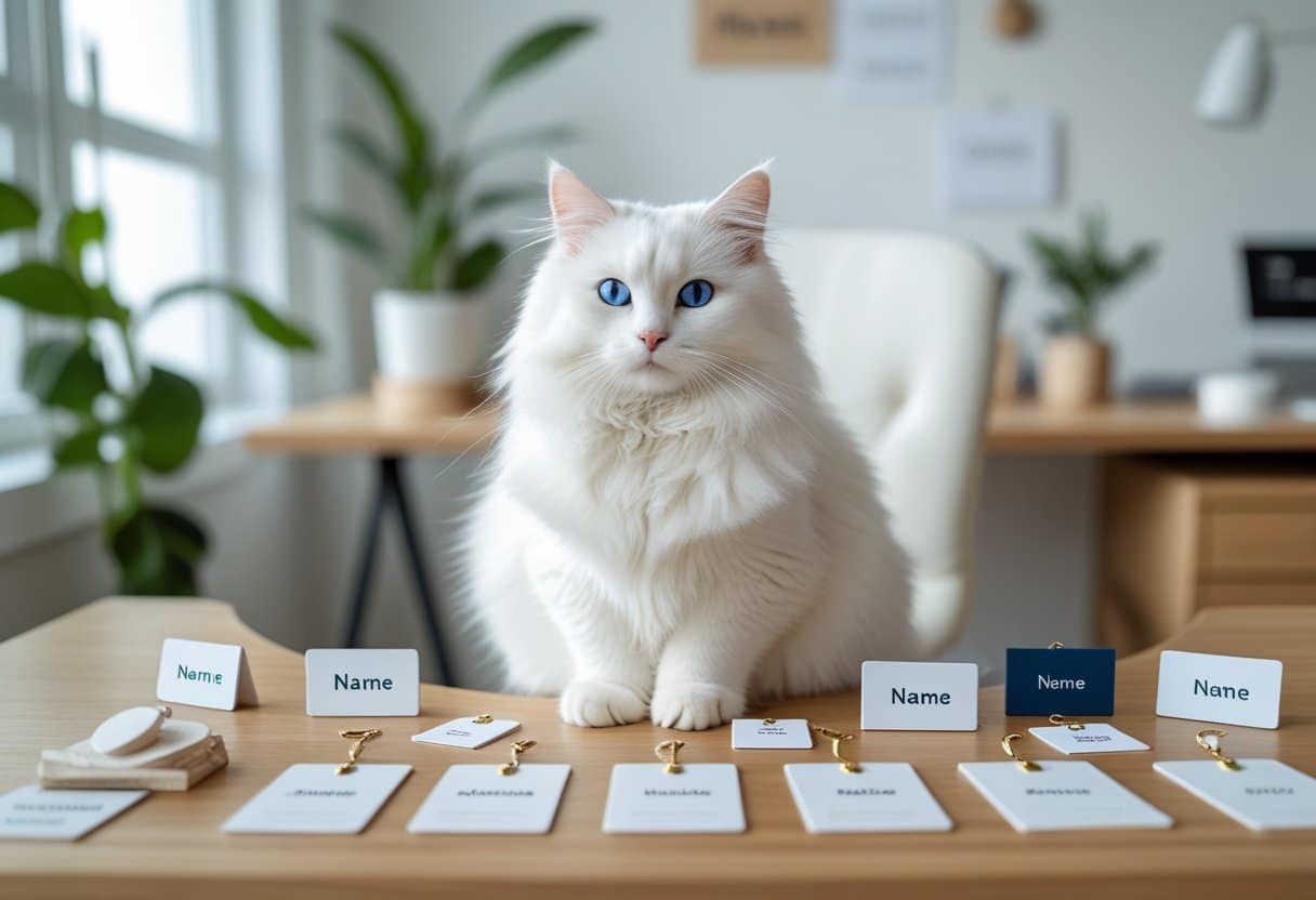A white cat with blue eyes sitting on a wooden desk surrounded by name tags and small nameplates in a bright home office setting.