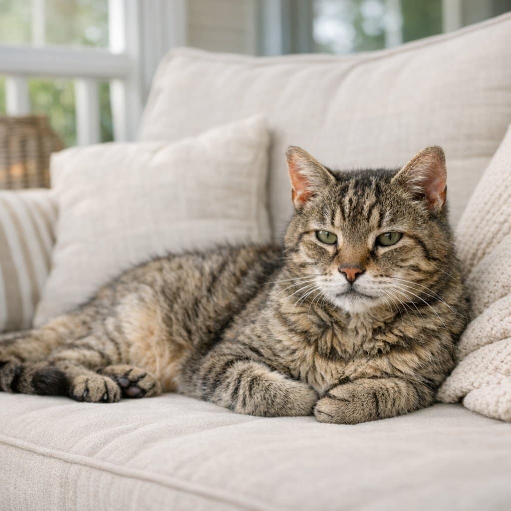 an old cat lying on the couch