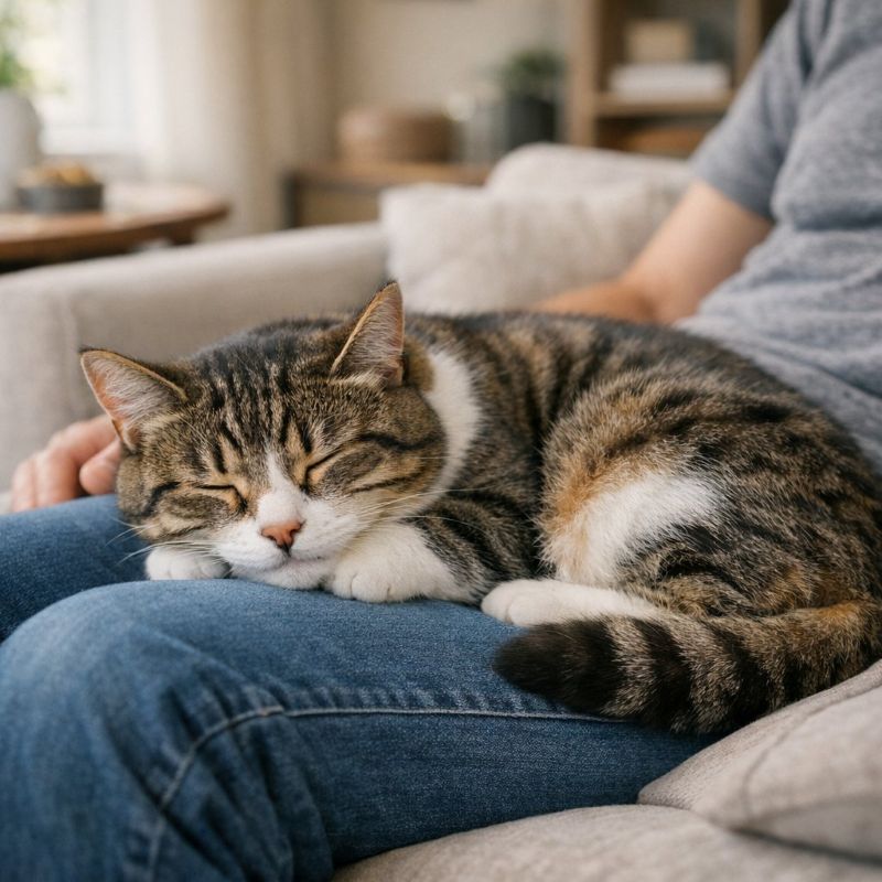 cat asleep on owners knee