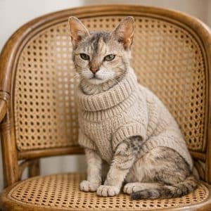 old kitty wearing a sweater