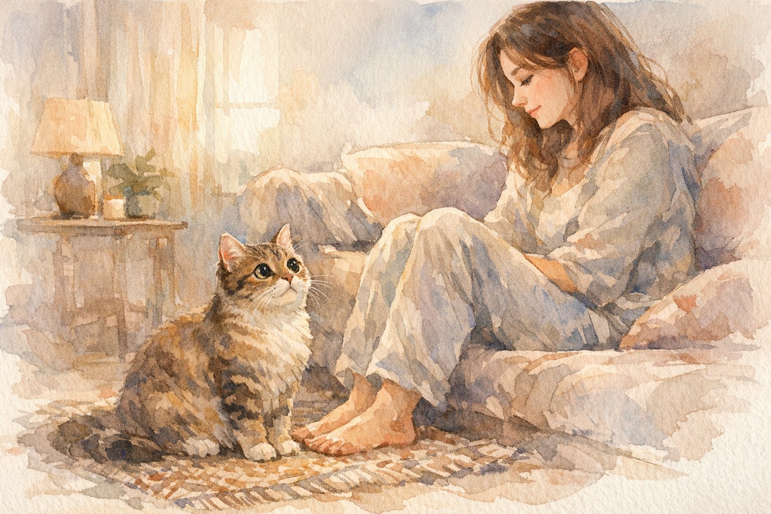 cat staring at a woman