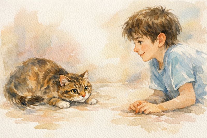 cat staring at boy