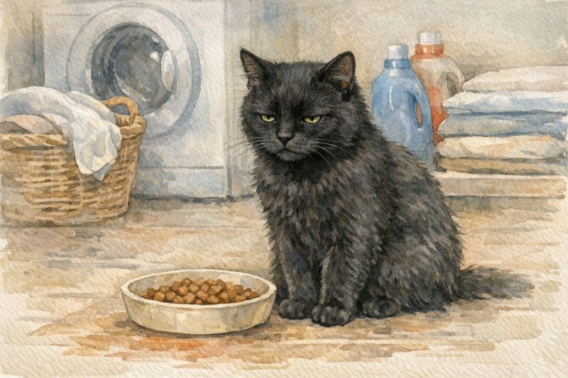 black kitten in laundry next to bowl of food