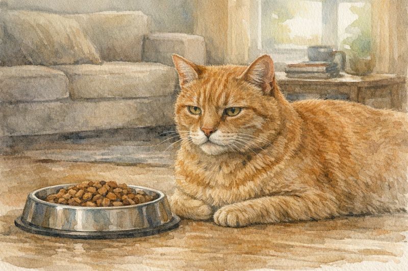 ginger cat sitting next to food