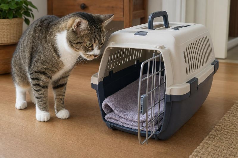 Tommy the cat looking at his cat carrier