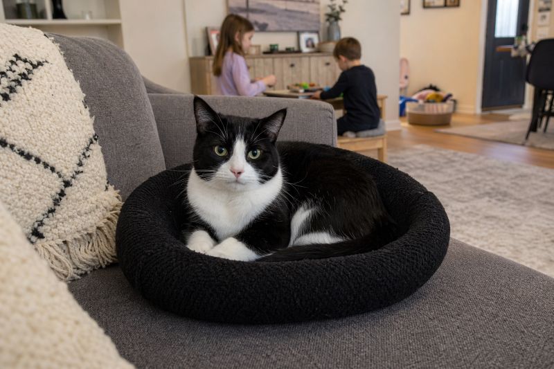 black and white cat in a black cat bed