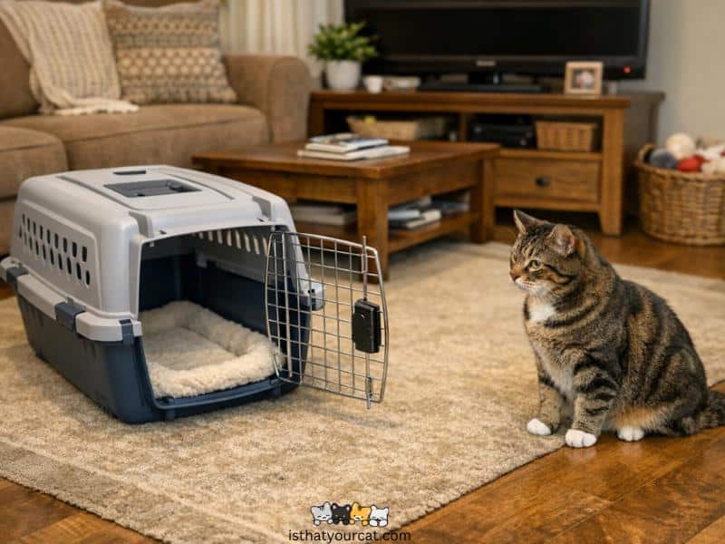 cat at home looking at cat carrier