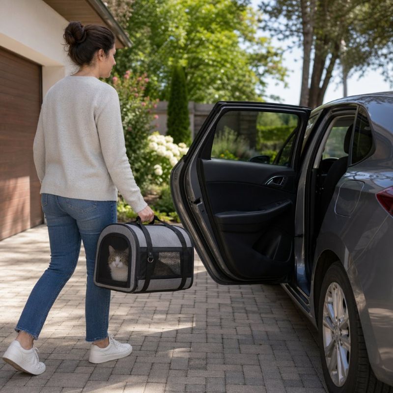 cat being carried to the car
