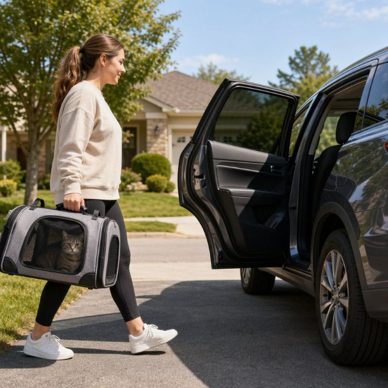 cat in car carrier - car with open door