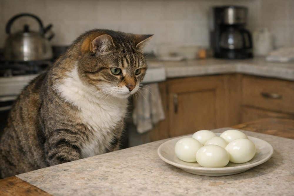 cat looking at a plate of hard boiled eggs