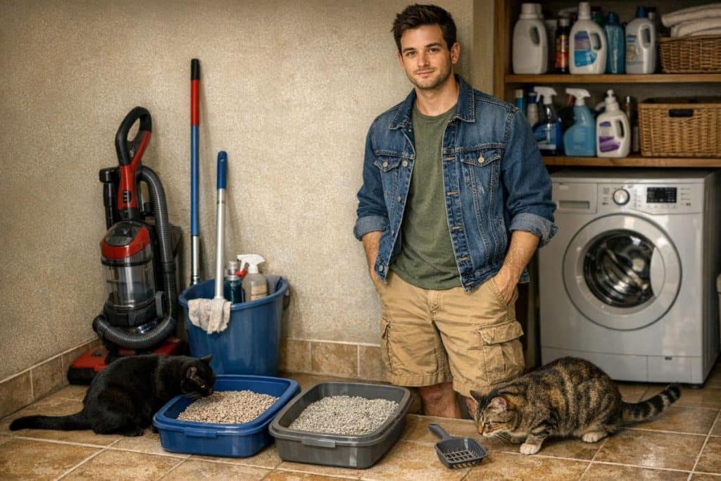 cat owner with cat cleaning gear