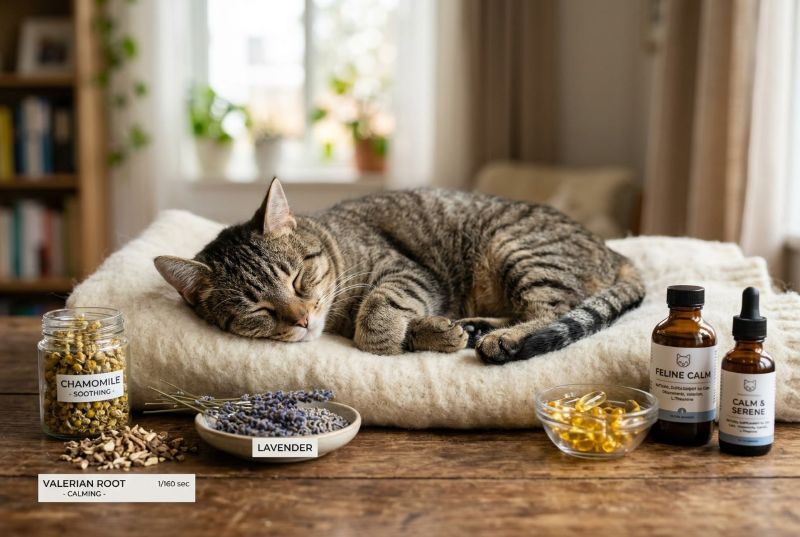 cat surrounded by herbs