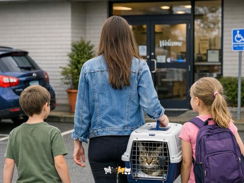 family taking cat to the vet for a check up