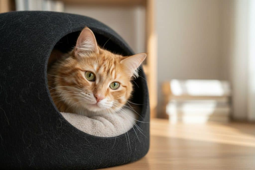 tabby cat in a black cat cave