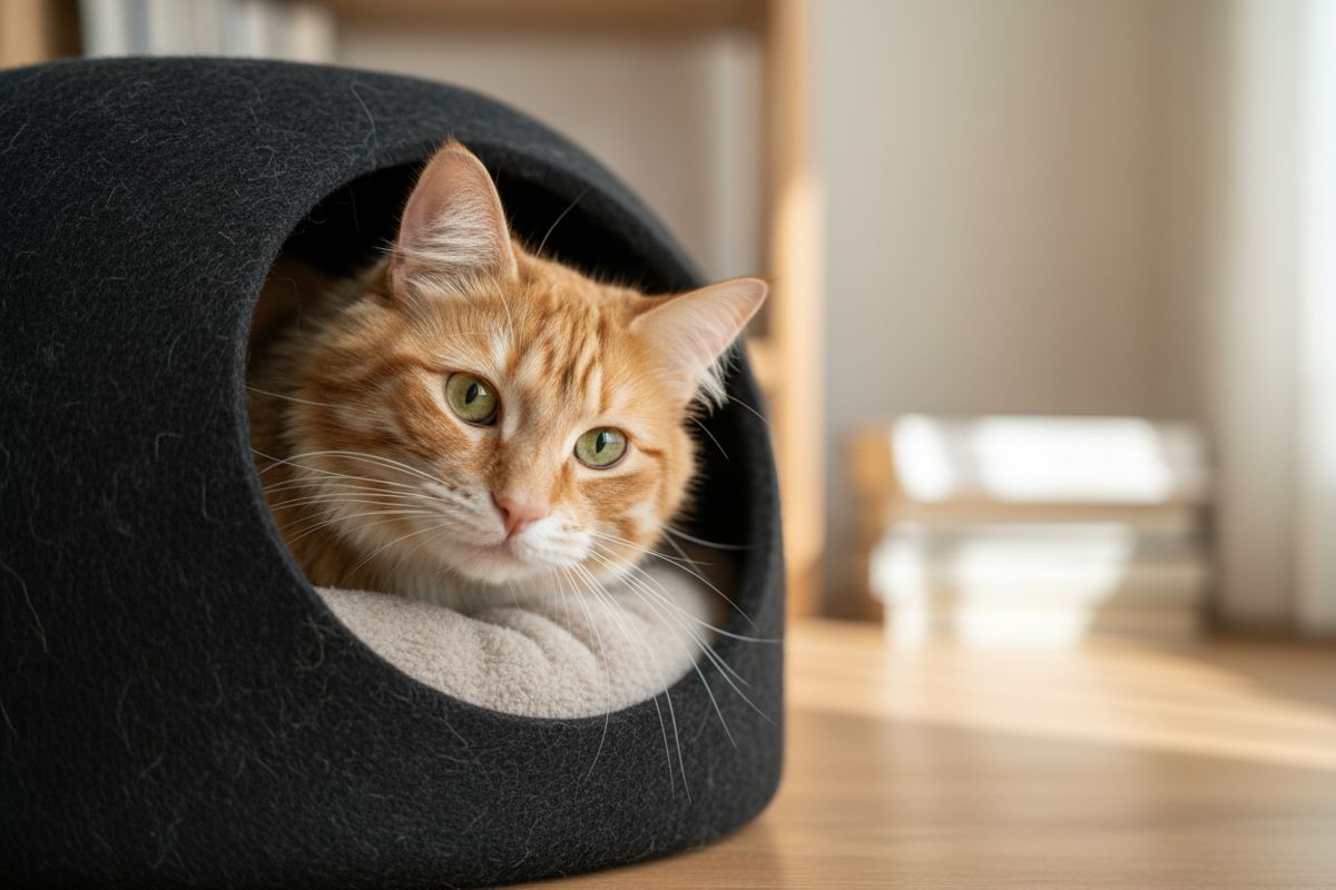 tabby cat in a black cat cave