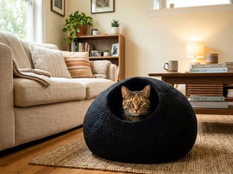 tabby cat looking out from a black cat cave bed