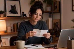 A person sitting at a desk holding a small folded note in their hands