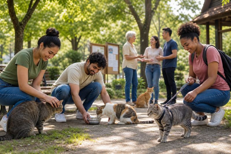 People in a park caring for cats and discussing community pet care.