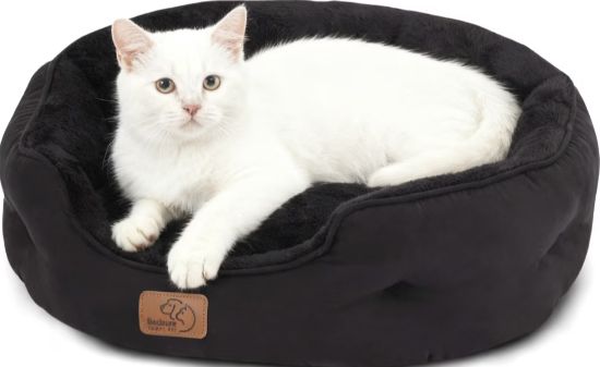 Round Bolster Anti-Slip Cat Bed with Washable Cushion, Black,