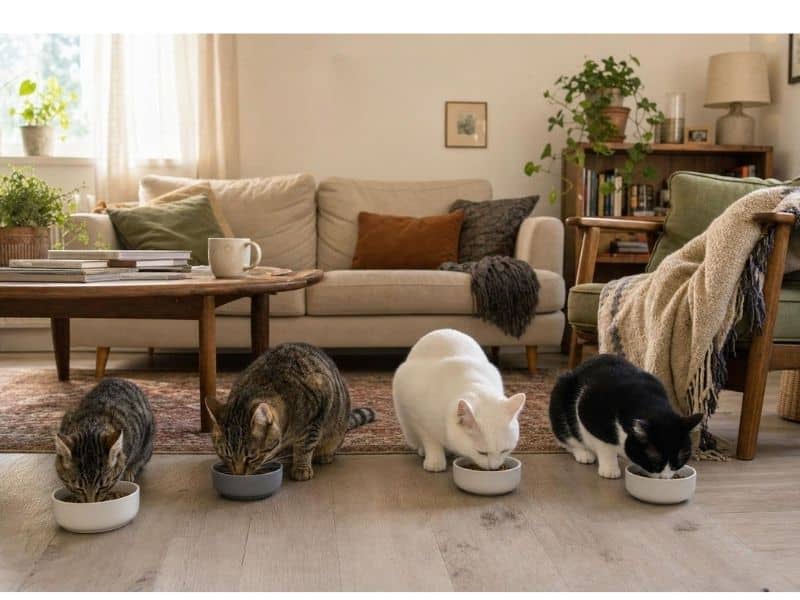 four different size cats eating