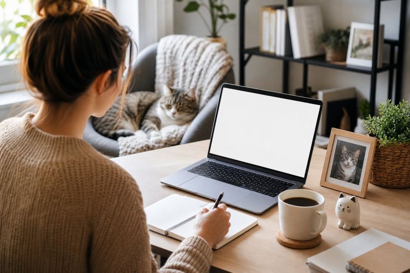 cat and owner in a home office