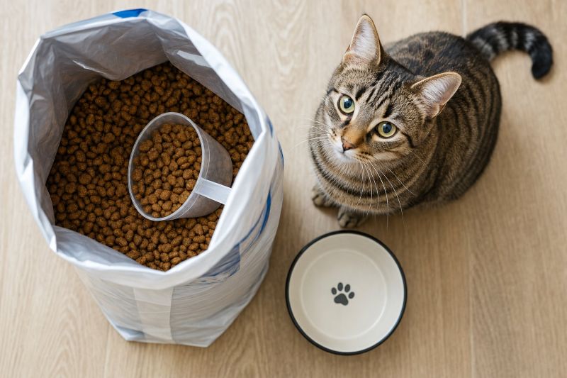 cat next to a bag of kibble
