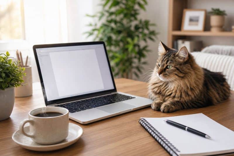 cat sitting on a desk
