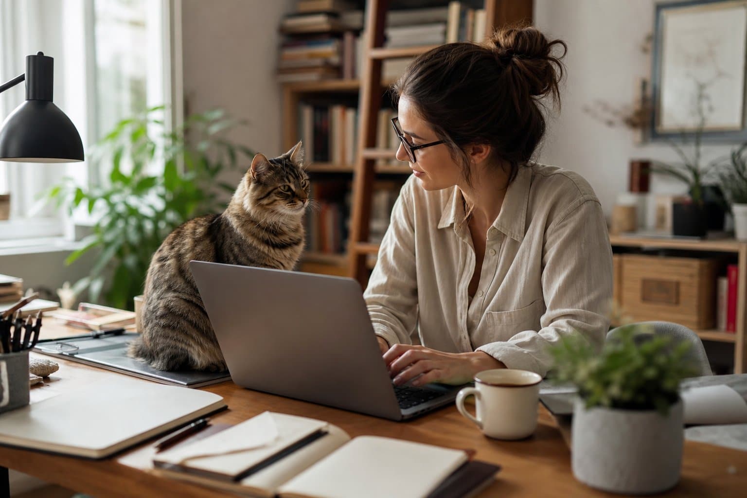 elderly cat sitting next to owner