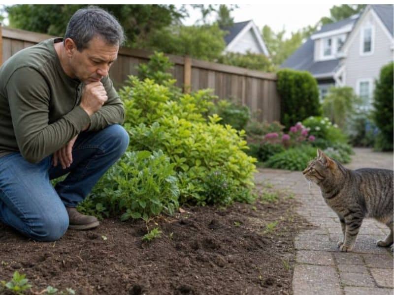man looking at garden bed disturbed by cats