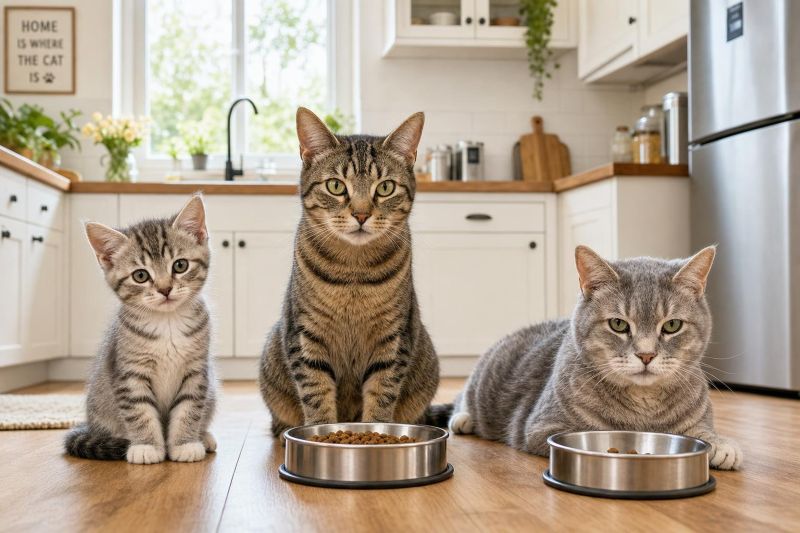 three cats of different ages and sizes next to bowls of food with different portion sizes 