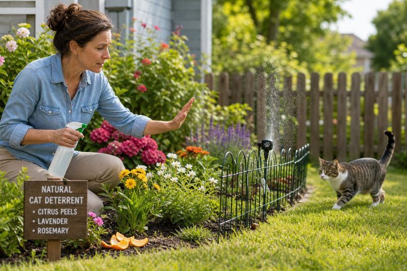 woman keeping a cat out of her garden