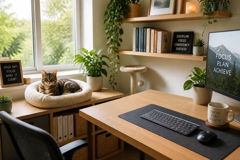 cat in a cat bed in a home office