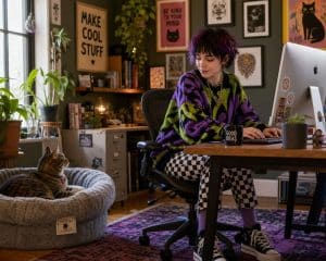 cat in a home office in a cat bed