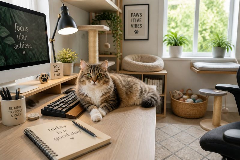 A home office desk with a keyboard and computer monitor and a relaxed cat