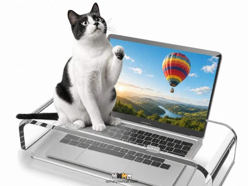 cat sitting on an acrylic keyboard cover