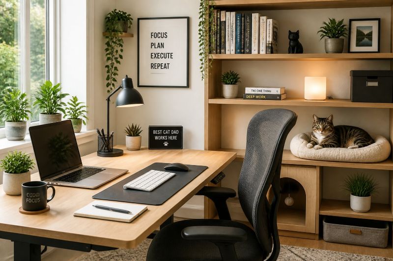 cat sitting on a shelf in home office