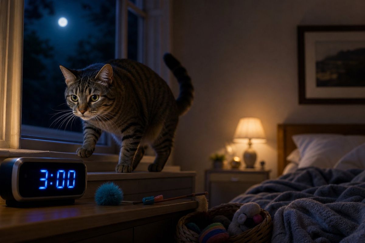 cat in a darkened bedroom awake at 3 am