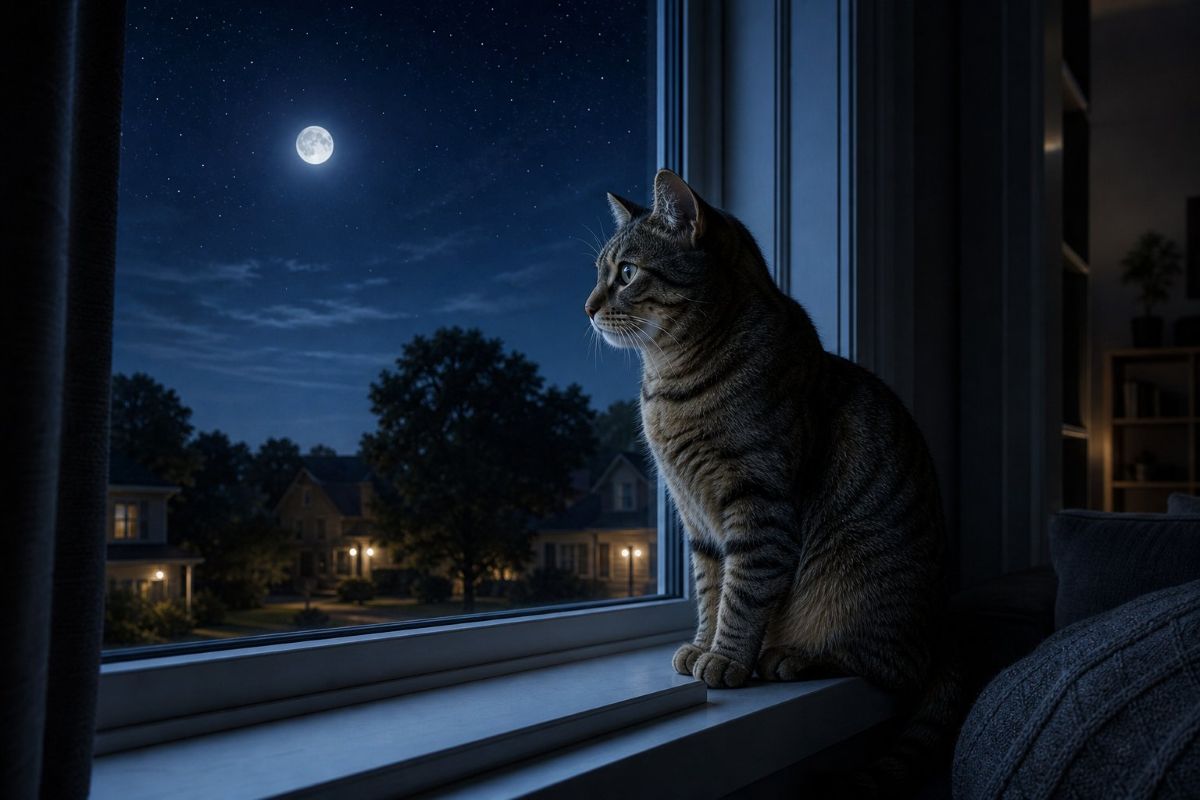 cat looking out of a window at night