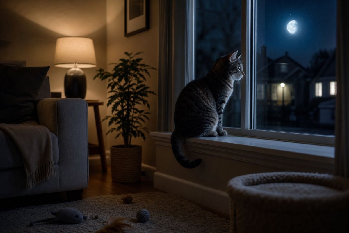 cat on a window sill at night