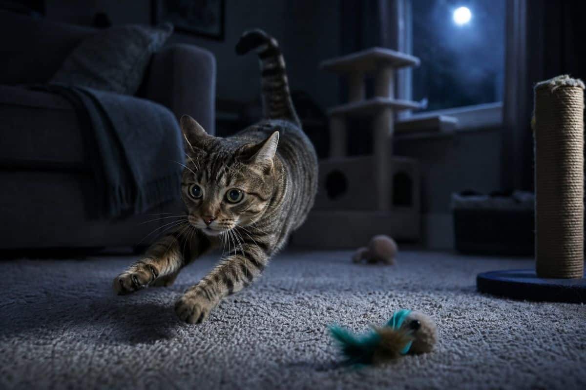 cat playing at night 