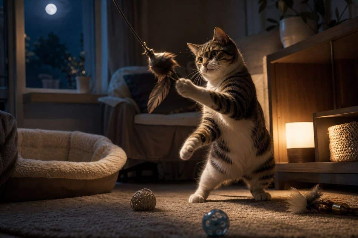 cat playing inside house at night
