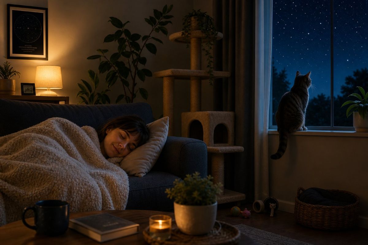 person asleep cat awake