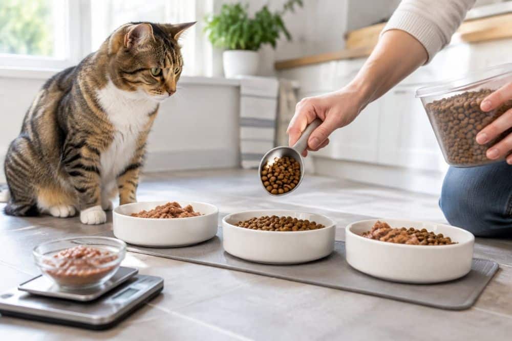 A cat watches as a person portions wet food, dry kibble, and a mixed meal into bowls.