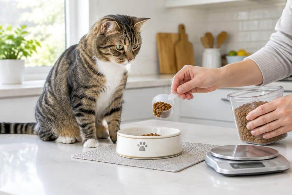 A person measures cat food beside a cat waiting near its bowl.