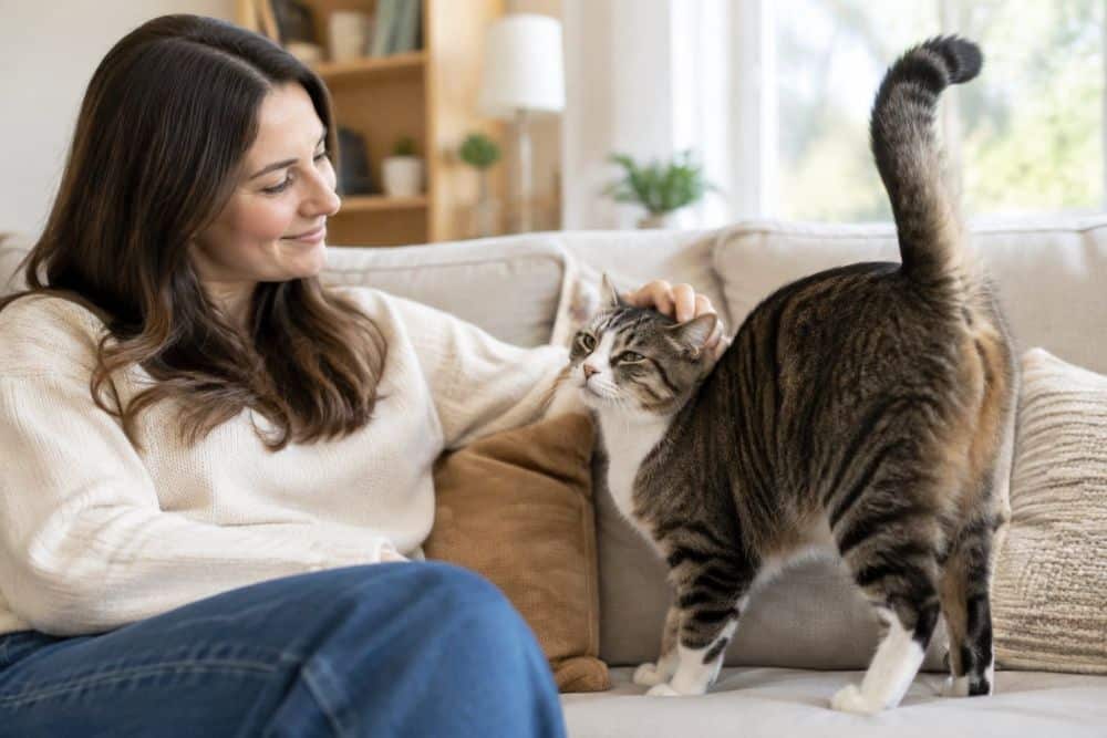 A relaxed cat raises its tail beside its owner on a sofa.