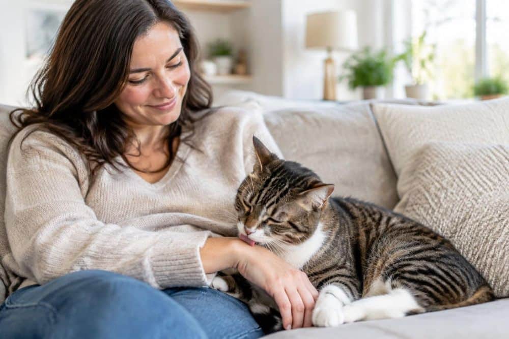 A relaxed person smiles as their cat gently licks their hand on a sofa.