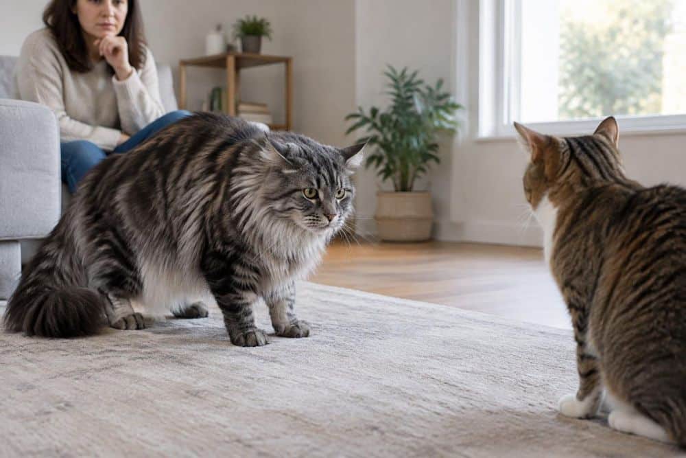 A tense Maine Coon faces another cat while a person watches nearby.
