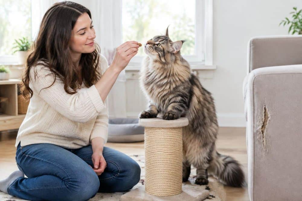 An owner rewards a Maine Coon for using a scratching post.